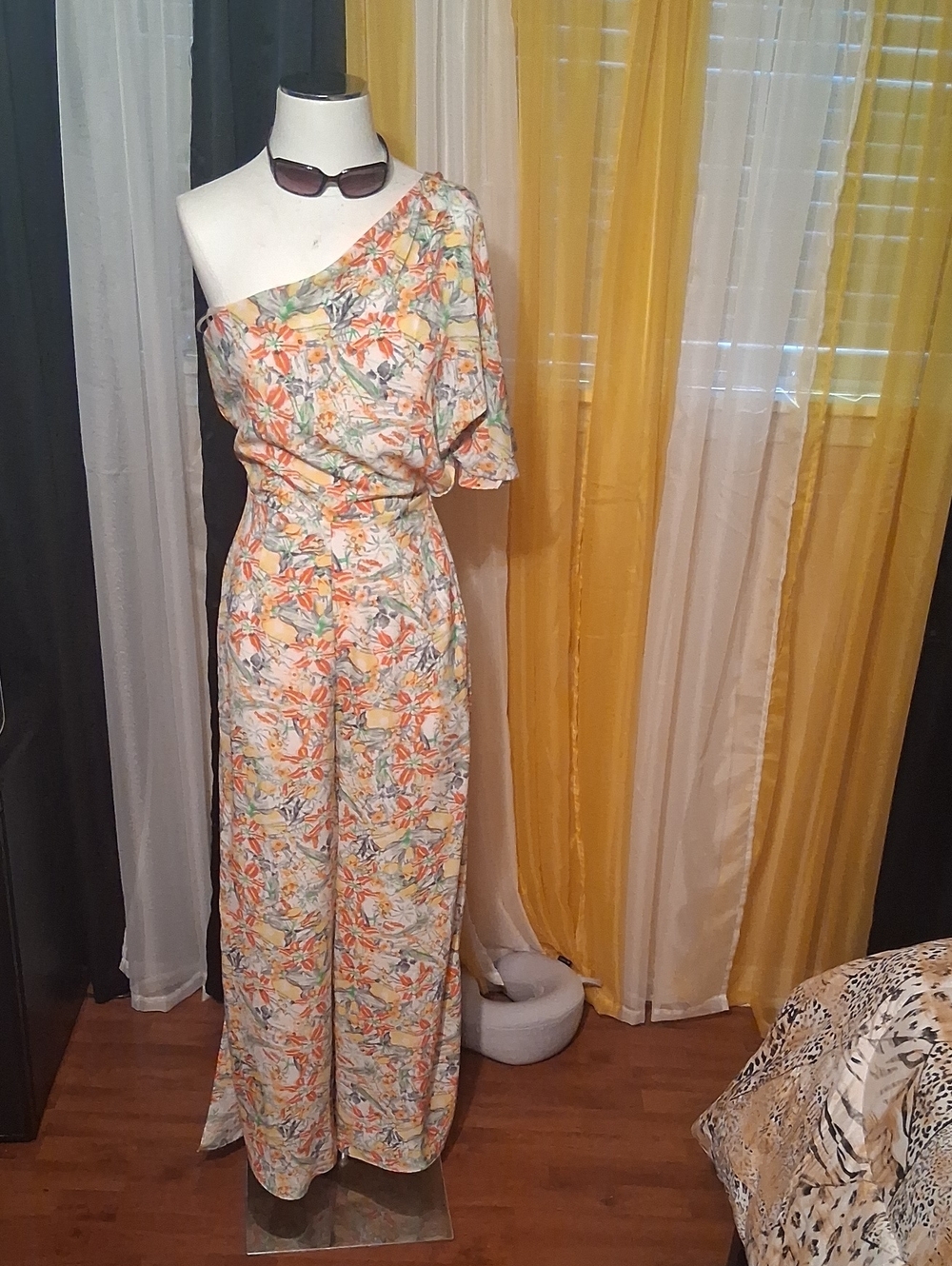 One-Shoulder Floral Jumpsuit in Orange & Green